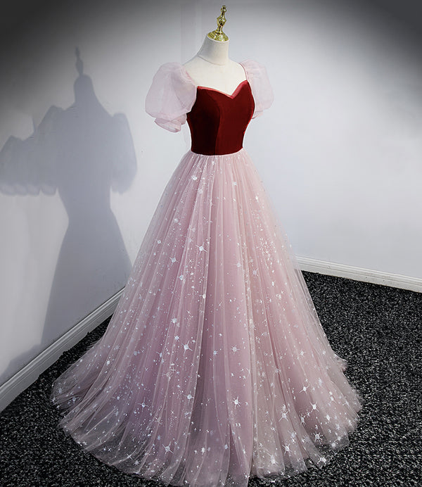 Cute pink tulle long prom dress A line evening dress - Fashionpara