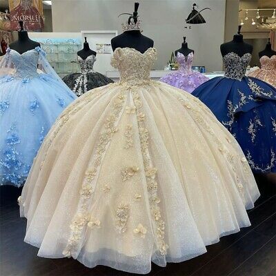 Champagne Beaded Puffy Ball Gown Quinceanera Dresses Off The Shoulder Pageant - Fashionpara