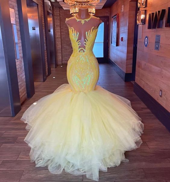 Yellow sparkly prom dresses tulle mermaid elegant modest prom gown custom make formal party dresses - Fashionpara