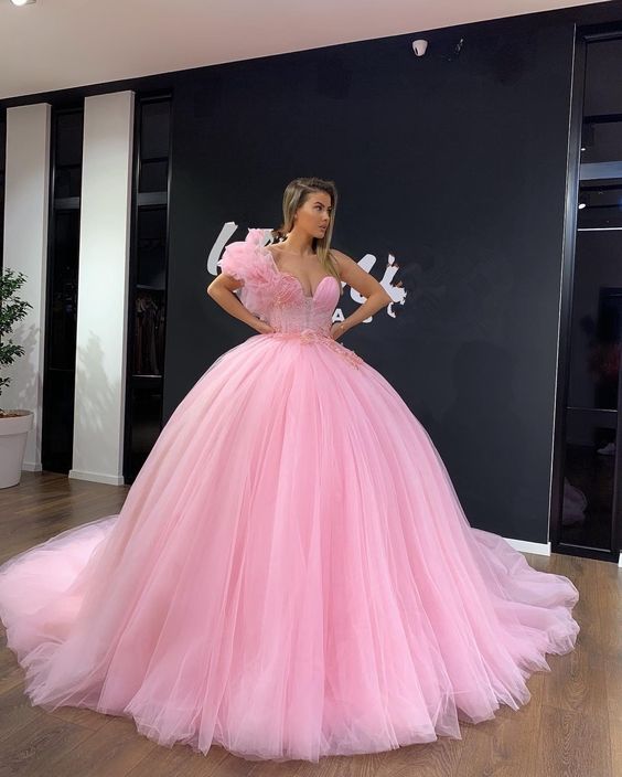 Newest A-Line Pink Ball Gown Prom Dresses, Evening Dress Prom Gowns, Formal Women Dress - Fashionpara