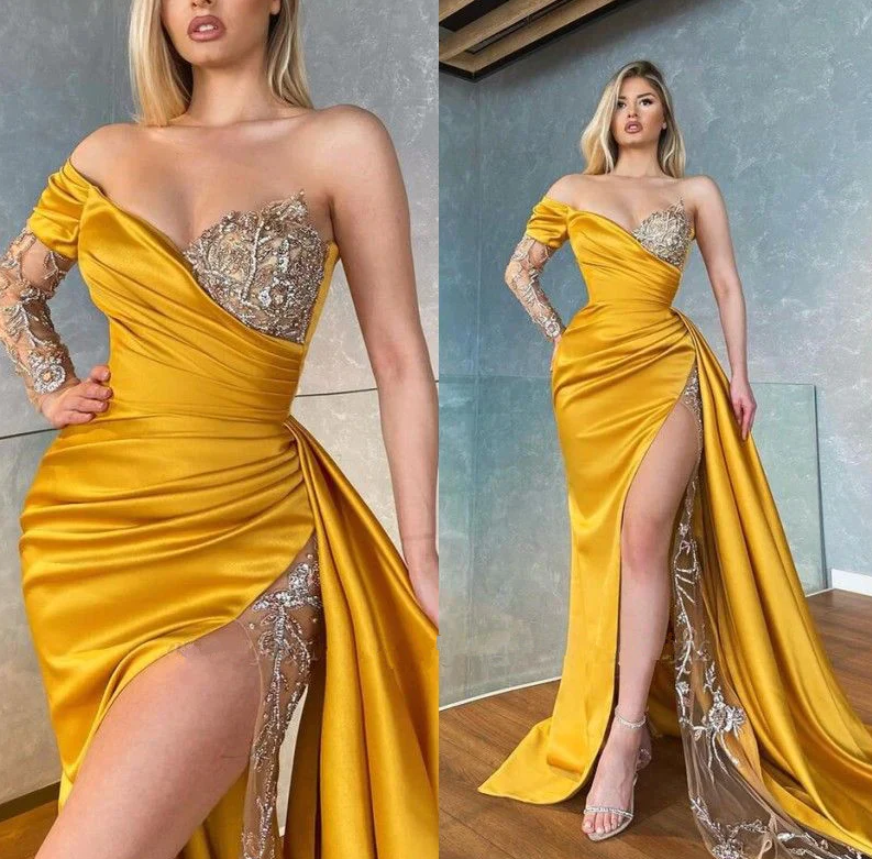 Long Sleeves Yellow Prom Dress Mermaid Split With Sequins Beads - Fashionpara
