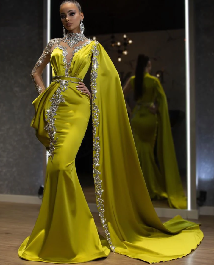 ELEGANT CRYSTAL MERMAID EVENING GOWN WITH CLOAK SLEEVE - Fashionpara