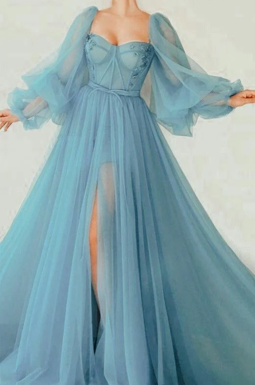 Modest Evening Dress Custom Made Tulle Light Sky Blue Prom Dresses - Fashionpara