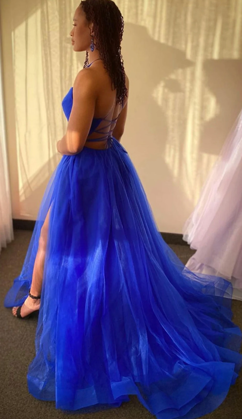 A Line V Neck Backless Blue Tulle long Prom Dress with High Slit, Backless Blue Formal Graduation Evening Dress - Fashionpara