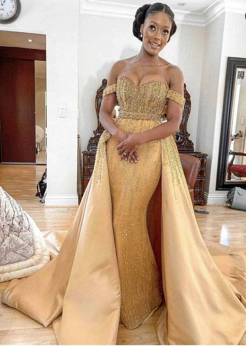 Gold dress, long party dress, wedding reception dress, birthday dress, graduation dress, prom dress, reception dress women clothing - Fashionpara