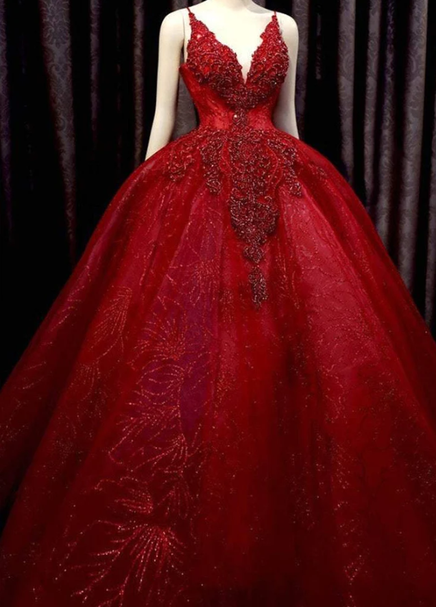 Deep red sparkle beaded thin strap V neck ball gown wedding dress with bow back - Fashionpara