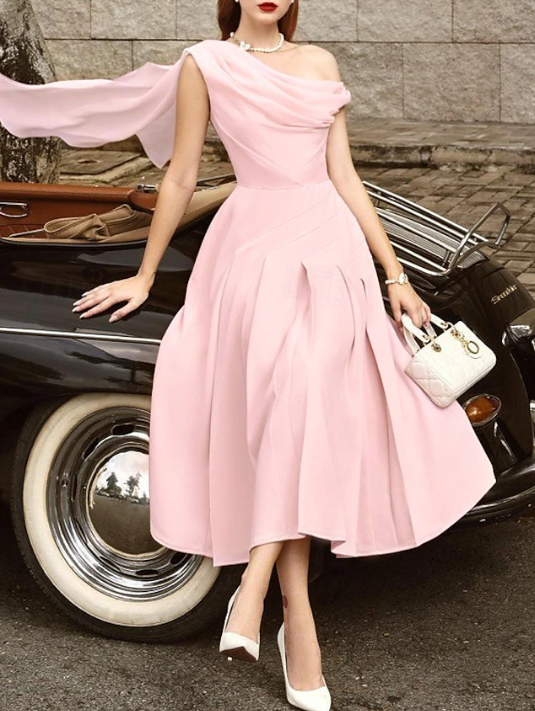 A-Line Cocktail Dresses Elegant Dress Wedding Guest Tea Length Sleeveless Cowl Neck Chiffon Prom Party Dress