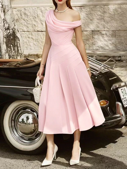 A-Line Cocktail Dresses Elegant Dress Wedding Guest Tea Length Sleeveless Cowl Neck Chiffon Prom Party Dress