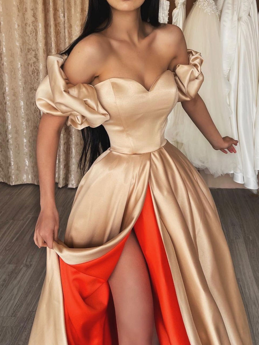 CHAMPAGNE SATIN LONG PROM DRESS, CHAMPAGE EVENING DRESS - Fashionpara