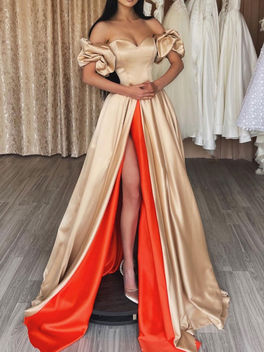 CHAMPAGNE SATIN LONG PROM DRESS, CHAMPAGE EVENING DRESS - Fashionpara