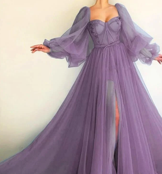 Long Puffy Sleeve Tulle Backless Prom Dress - Fashionpara