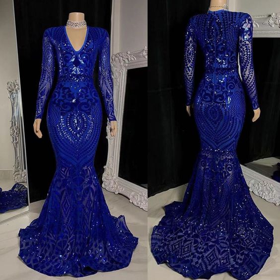 Royal Blue Prom Dresses, Lace Prom Dresses, Mermaid Prom Dresses, Long Sleeve Prom Dresses - Fashionpara