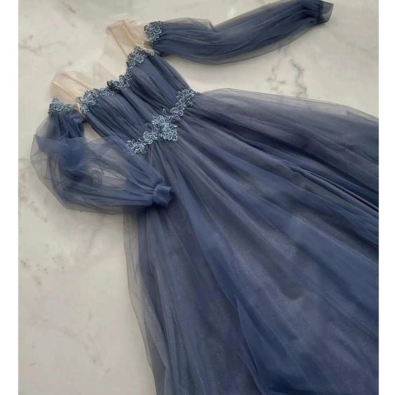 Grey Prom Dresses, Long Sleeve Prom Dresses, Belt Prom Dresses, Tulle Evening Dresses - Fashionpara