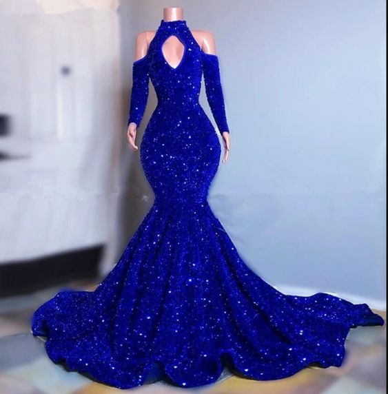Plus Size Royal Blue Sparkly Sequins Prom Dresses Long Sleeves Mermaid Evening Gowns - Fashionpara
