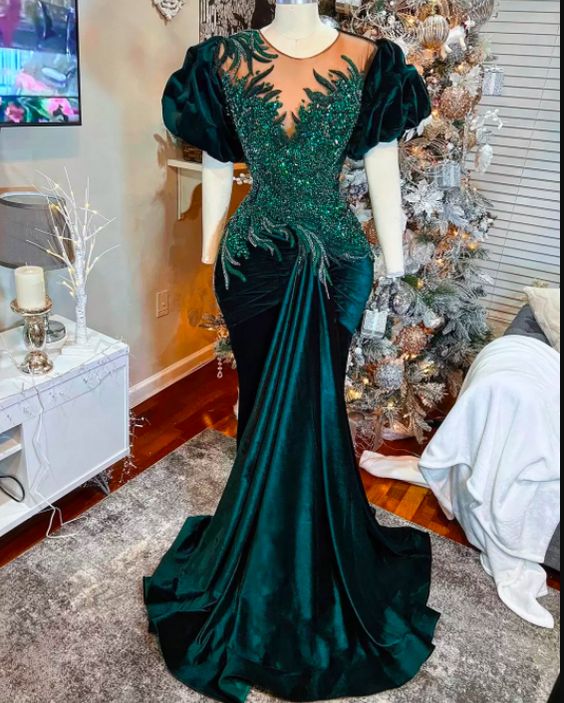 Green prom dresses, sequins prom dresses, mermaid prom dresses, short sleeve prom dresses - Fashionpara