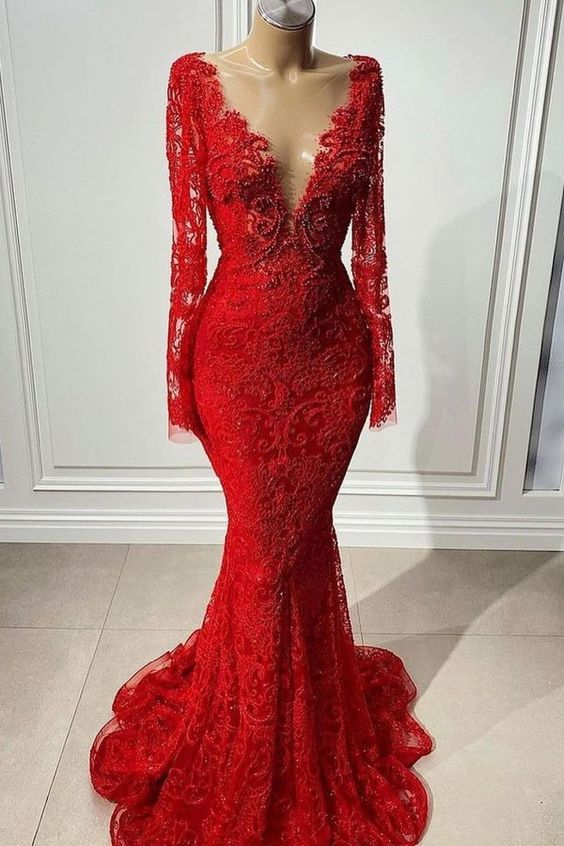 Red prom dresses,long sleeve mermaid prom dresses - Fashionpara