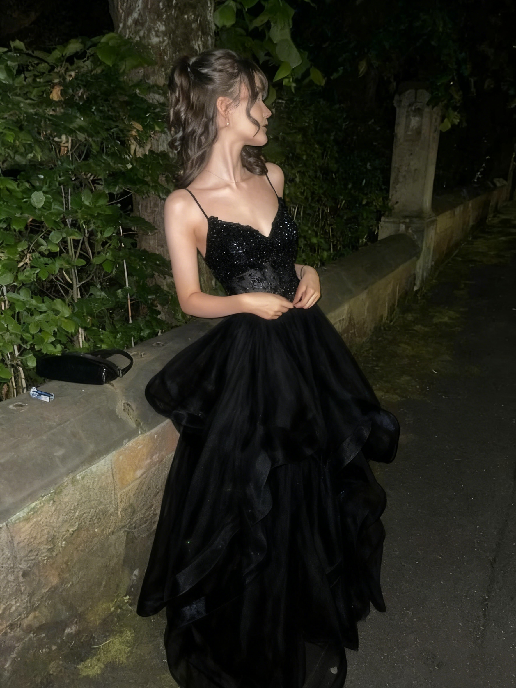 A Line Blue Shinny Tulle Party Dress Long Evening Dress Vintage Prom Dress - Fashionpara