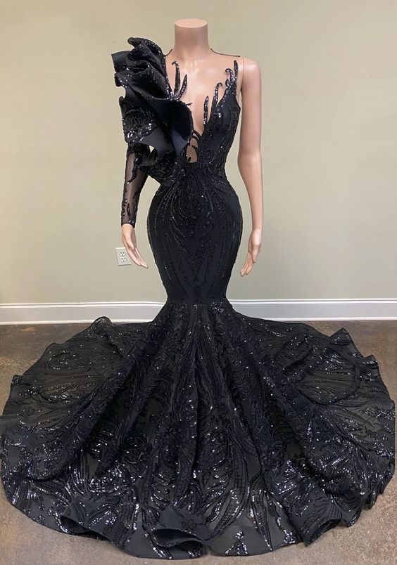 Black prom dresses, one shoulder prom dresses, lace prom dresses, arabic evening dresses, mermaid evening dress - Fashionpara