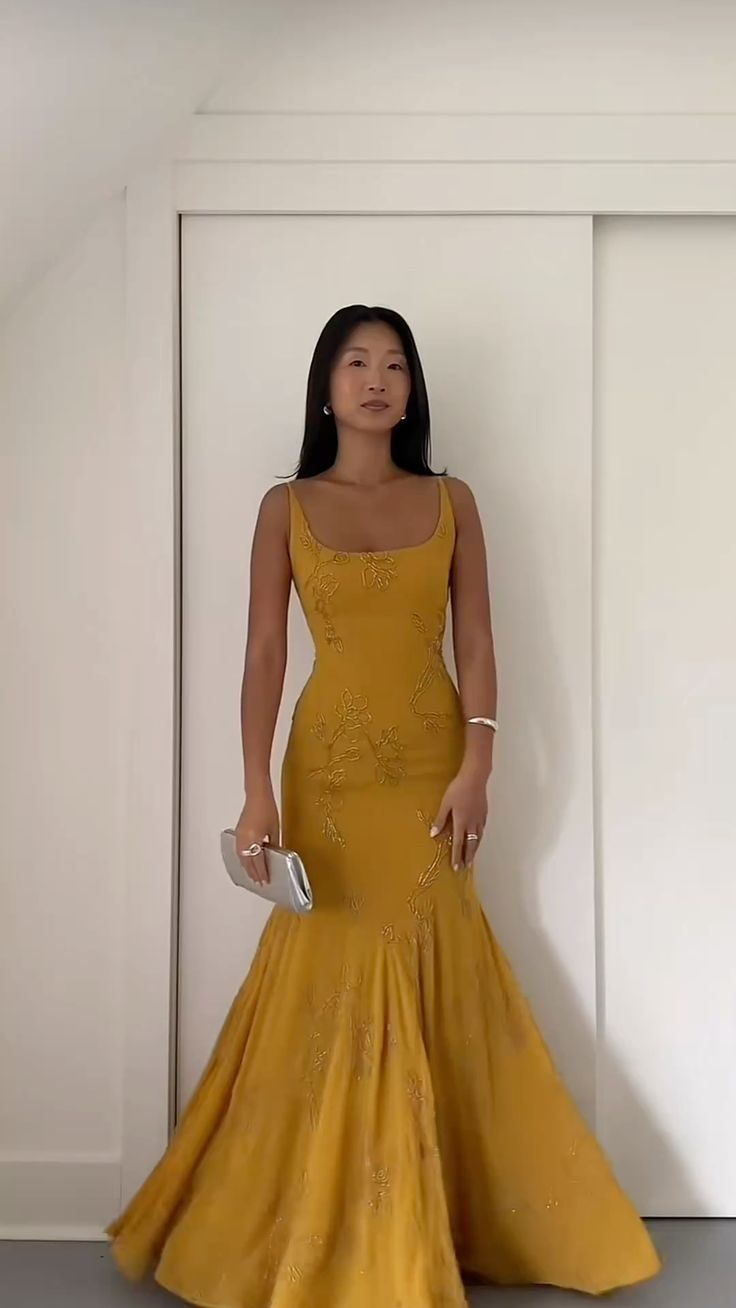 Sexy Yellow Long Prom Dress Beaded Mermaid Evening Dress - Fashionpara