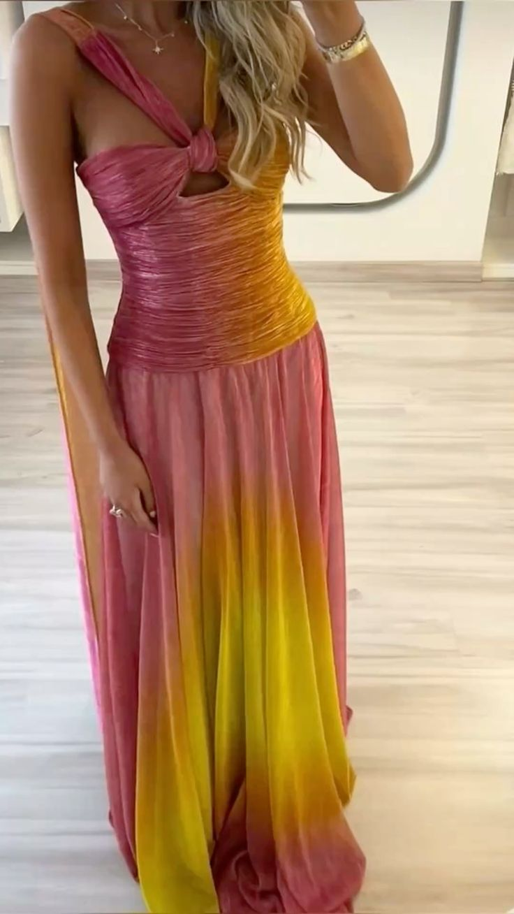 Gradient Pink And Yellow Long Prom Dress Evening Party Dress - Fashionpara