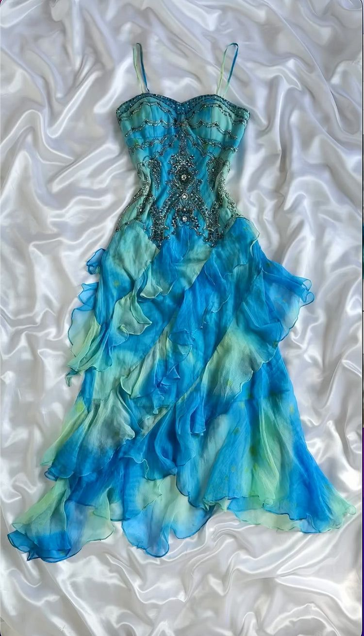 Blue Vintage Long Prom Dress Beaded Evening Party Dress 21st Birthday Outfit - Fashionpara