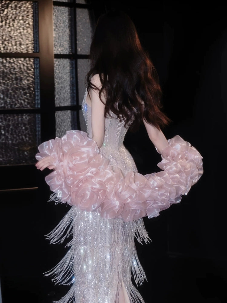 Shiny Tassel Luxurious Evening Dress Beaded Long Prom Dress Birthday Dress - Fashionpara