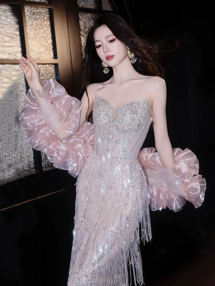 Shiny Tassel Luxurious Evening Dress Beaded Long Prom Dress Birthday Dress - Fashionpara