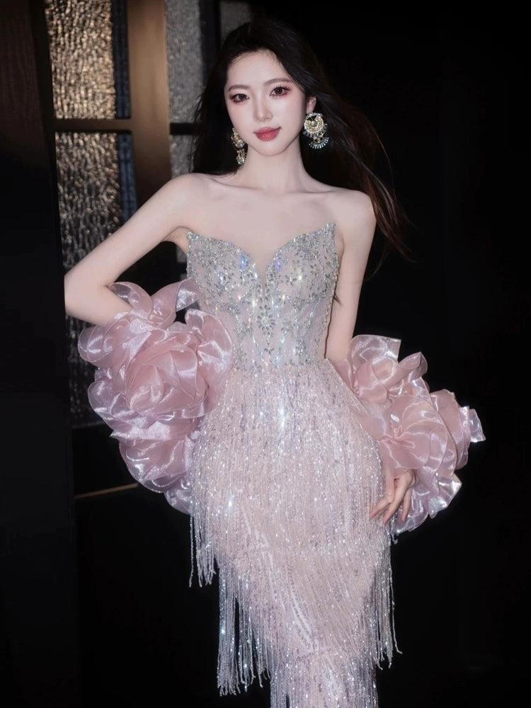 Shiny Tassel Luxurious Evening Dress Beaded Long Prom Dress Birthday Dress - Fashionpara