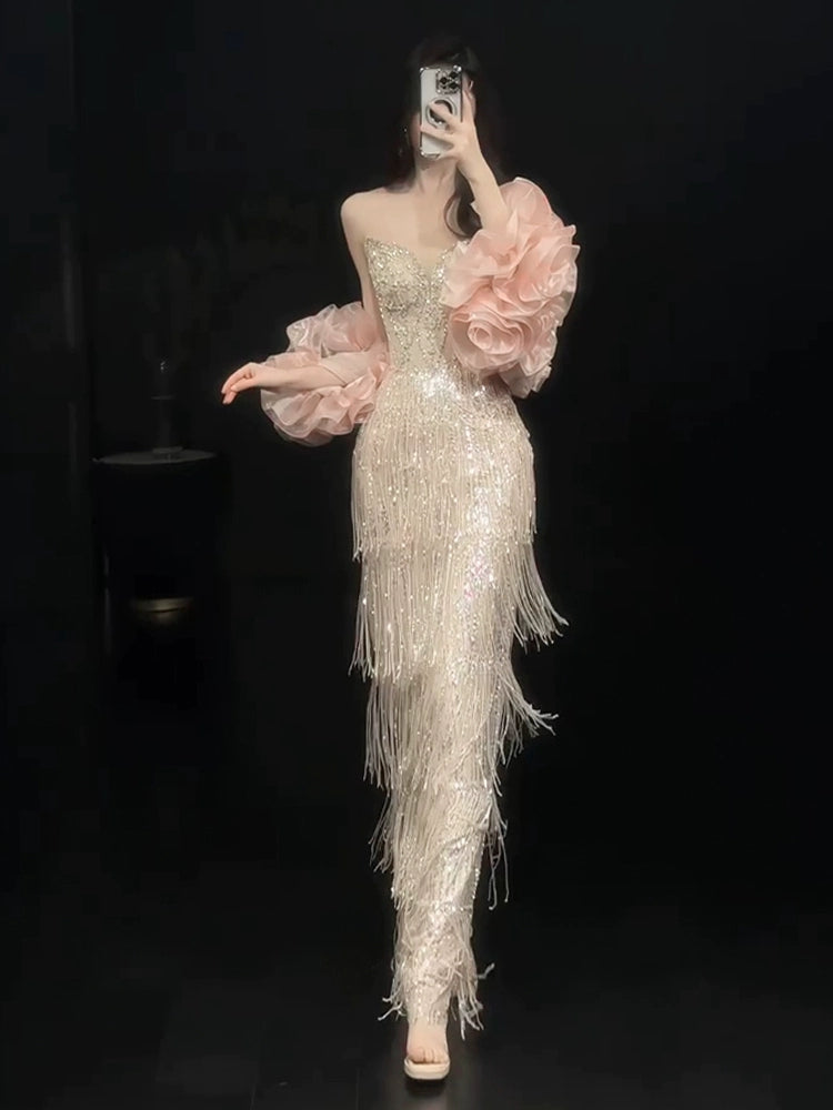 Shiny Tassel Luxurious Evening Dress Beaded Long Prom Dress Birthday Dress - Fashionpara