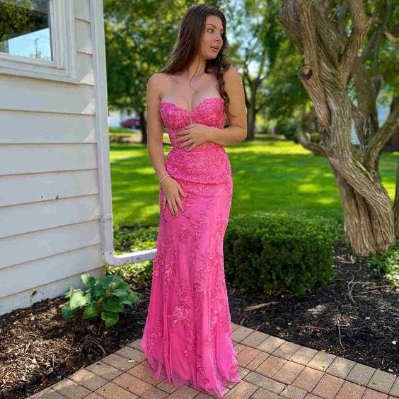 Strapless Hot Pink Lace Long Prom Dress with Appliques - Fashionpara