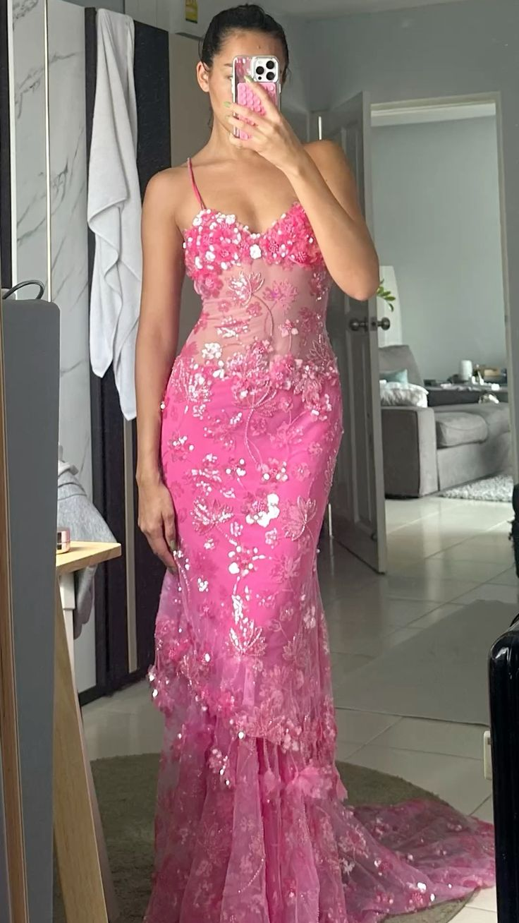 Pink Beaded Lace Prom Dress Charming Evening Dress Birthday Outfit - Fashionpara