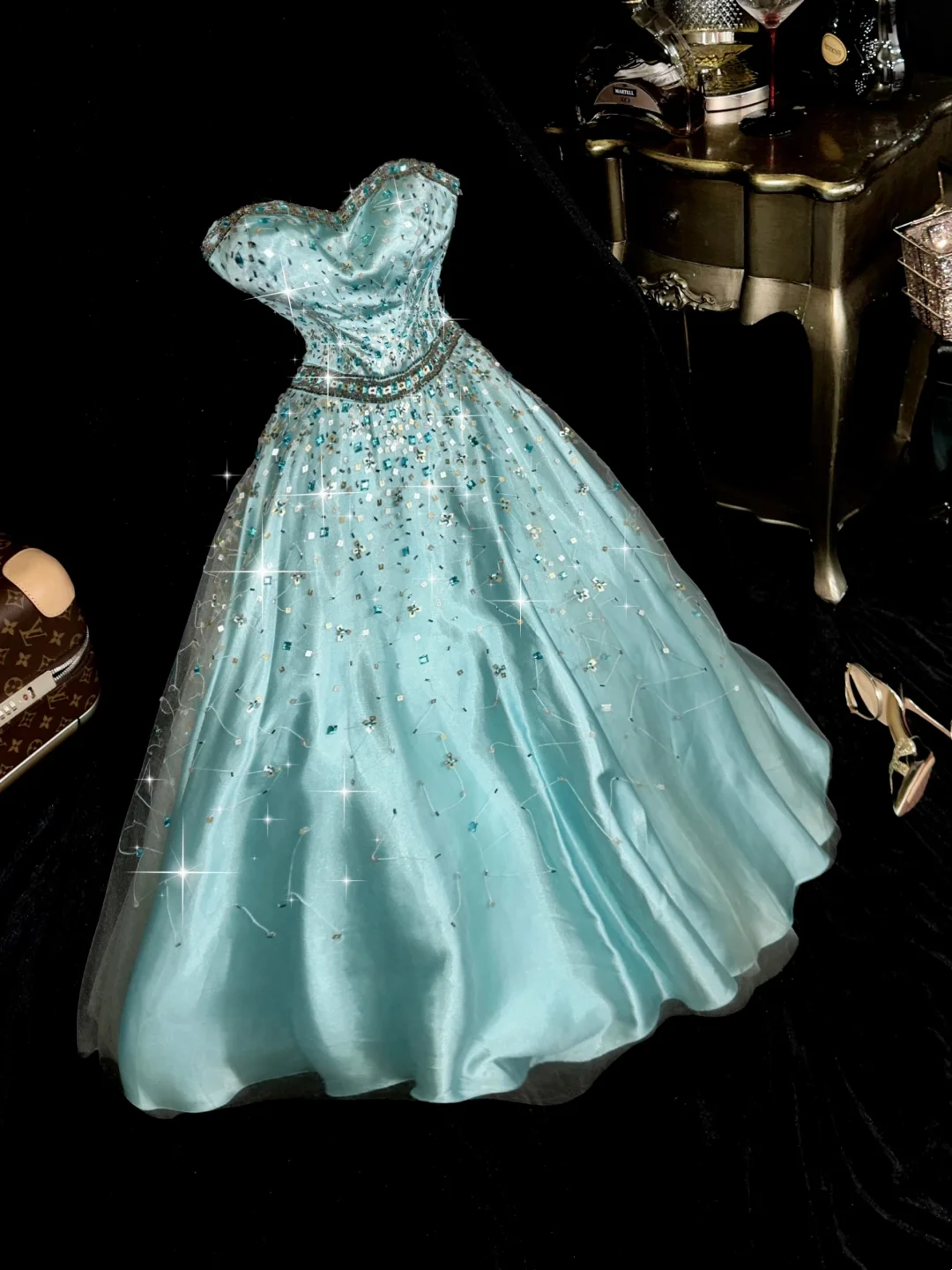 Sweetheart Blue Long Prom Dress Beaded Vintage Birthday Outfit - Fashionpara