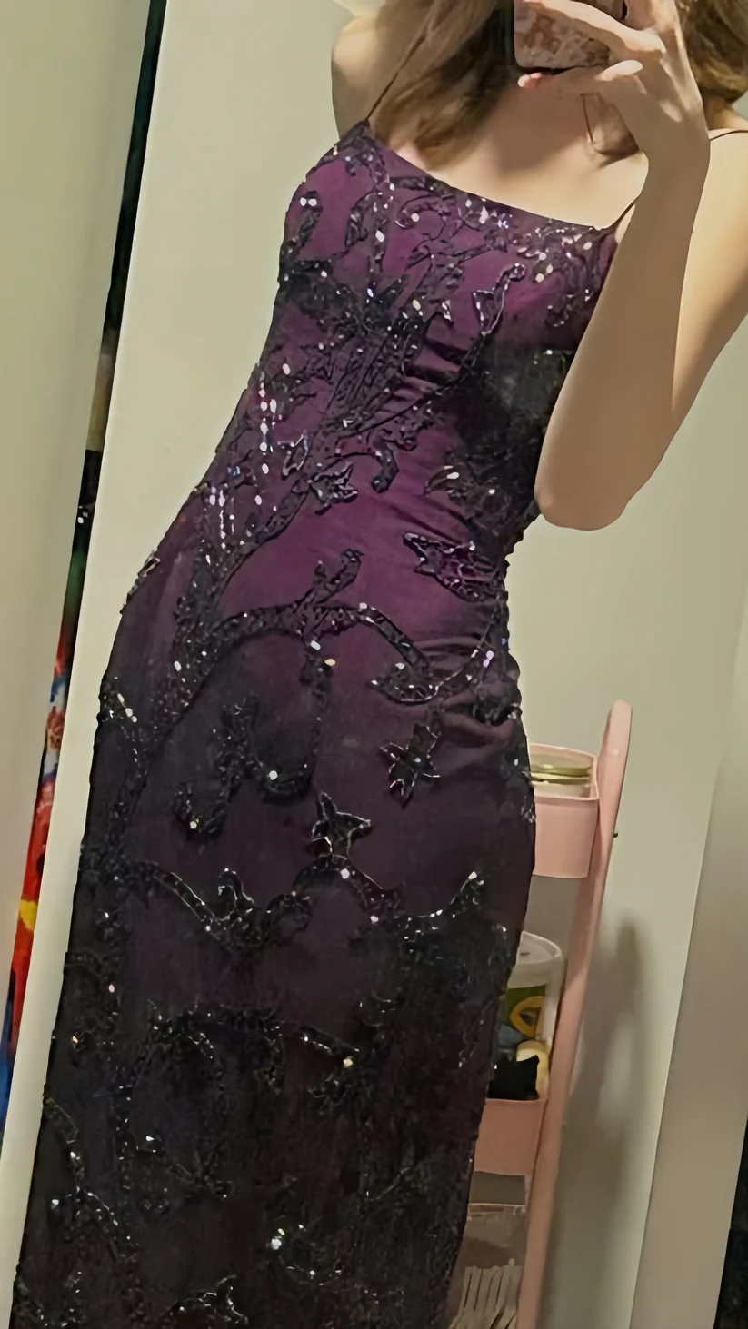 Purple Sheath Beaded Prom Dresses Long Slim Evening Party Dress - Fashionpara