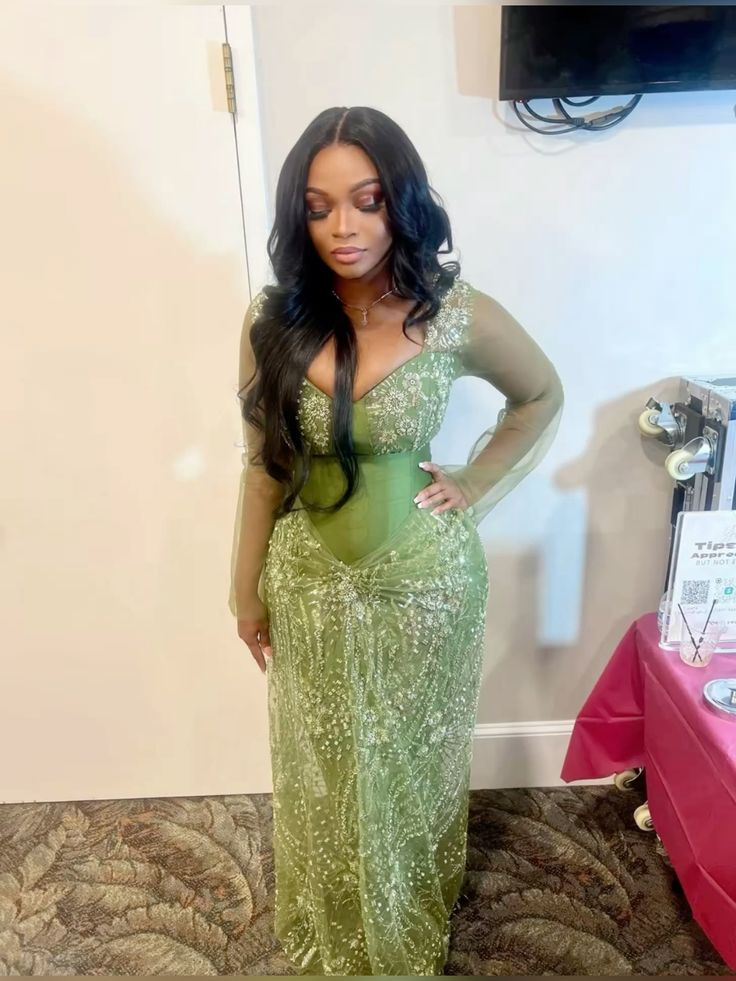 Green Lace Prom Dress With Long Sleeves Sexy Formal Party Dress Birthday Outfit - Fashionpara