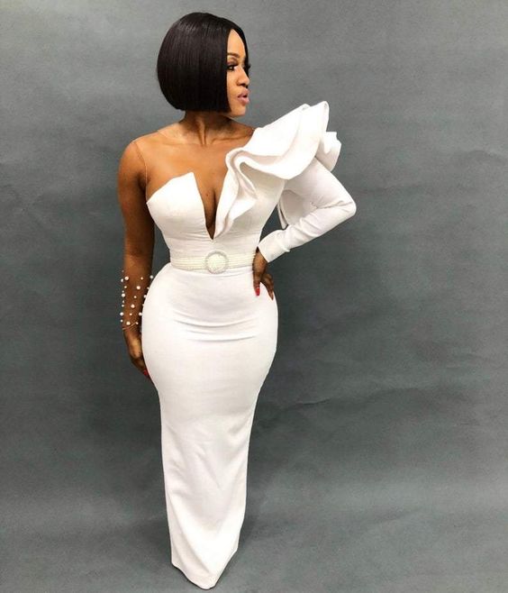 Mermaid V-Neck White Long Prom Dress - Fashionpara