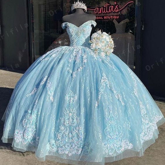 Quinceanera Dresses Lace Applique Beaded Bling Organza Off Shoulder Sweet 16 Dress Ball Gown Prom Dress - Fashionpara