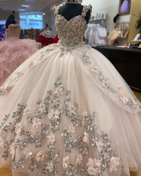 Quinceanera Dresses Lace Applique Beaded Bling Organza Sweet 16 Dress Ball Gown Prom Dress - Fashionpara