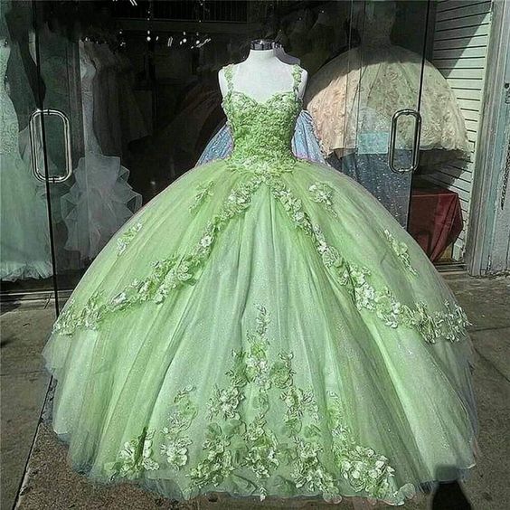 Green Quinceanera Dresses Lace Applique Beaded Bling Organza Sweet 16 Dress Ball Gown Prom Dress - Fashionpara