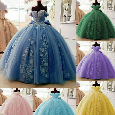 Quinceanera Dresses 3D Floral Applique Off Shoulder Sweet 16 Ball Gown With Big Bow - Fashionpara