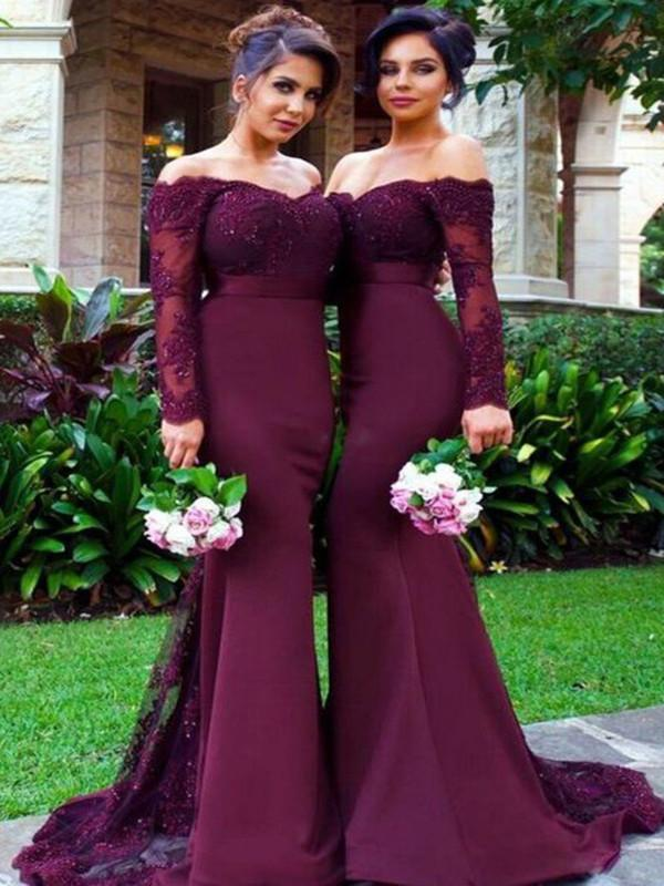 Custom Made Off Shoulder Mermaid Maroon Long Sleeves Lace Prom Dresses, Burgundy Lace Bridesmaid Dresses, Formal Dresses - Fashionpara