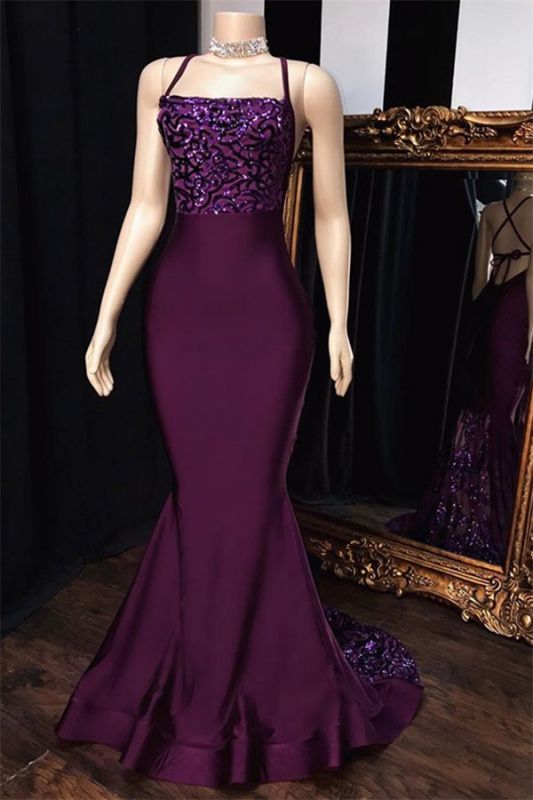 Sexy Prom Dresses Grape Mermaid Halter Satin Lace Prom Gown - Fashionpara