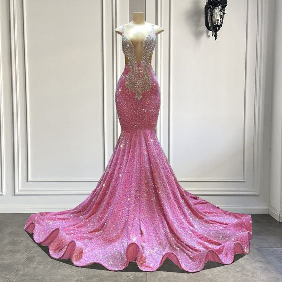 Pink prom dresses, deep v neck prom dresses, sparkly prom dresses - Fashionpara