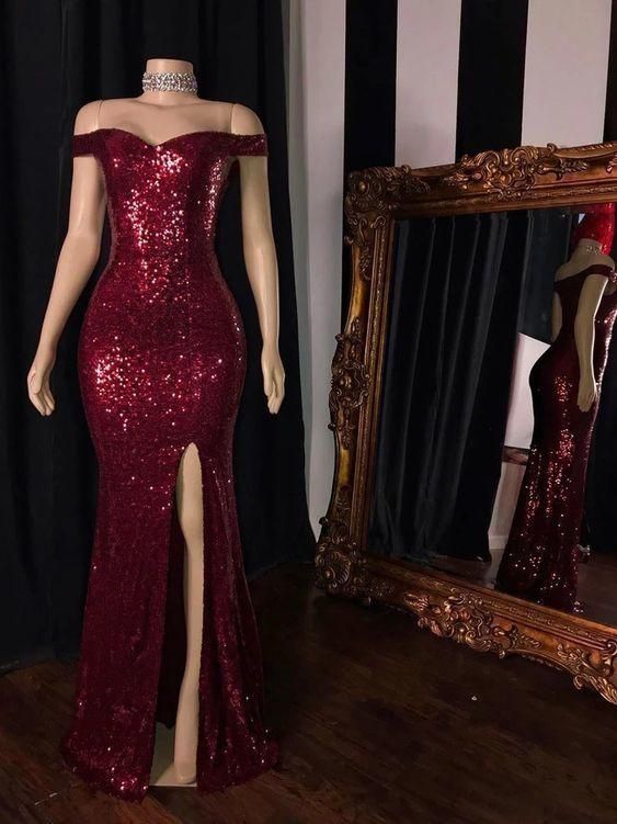 Amazing Burgundy Prom Dresses Long Off Shoulder Sexy High Split Dress - Fashionpara