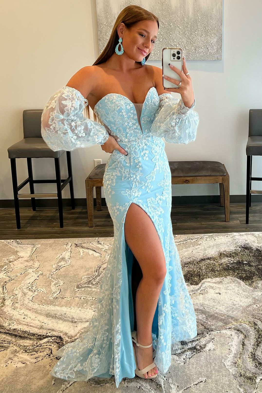 Light Blue Lace Strapless Puff Sleeve Long Prom Dress - Fashionpara