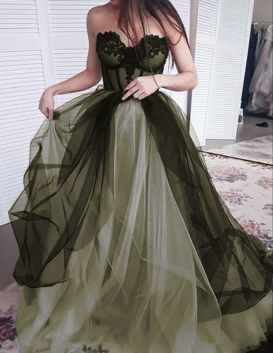 Green color sweetheart neck long prom dress, evening dress - Fashionpara