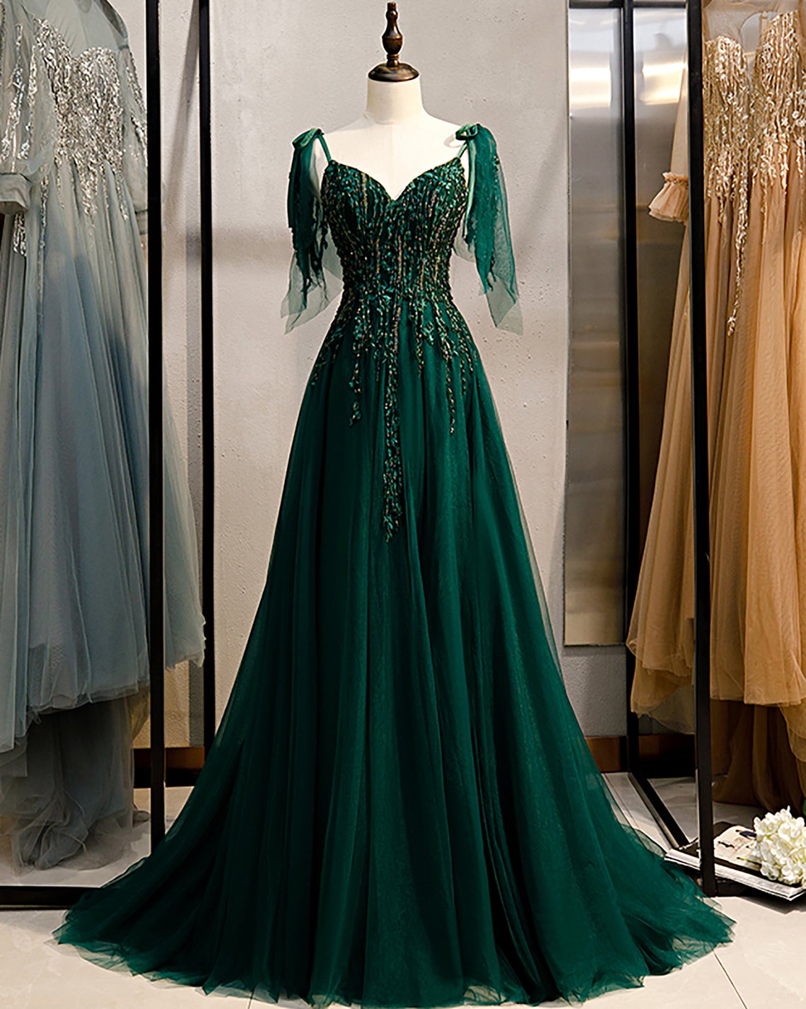 Emerald Green Spaghetti Straps Prom Dress Shinny Prom Dress - Fashionpara