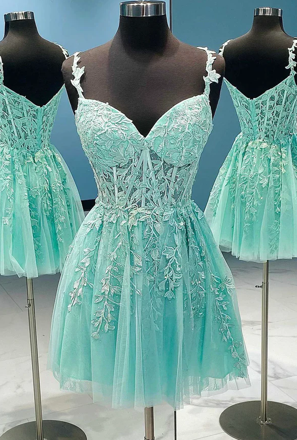 Green tulle lace short prom dress homecoming dress - Fashionpara