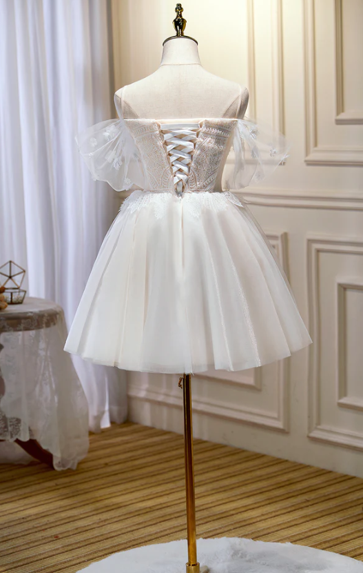 Champagne tulle lace short prom dress homecoming dress - Fashionpara