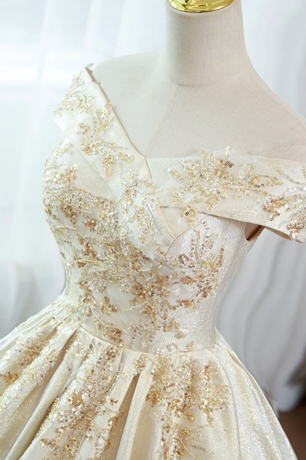 Champagne satin lace long ball gown dress formal dress - Fashionpara