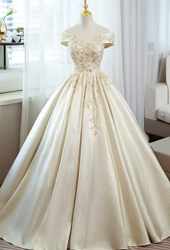 Champagne satin lace long ball gown dress formal dress - Fashionpara